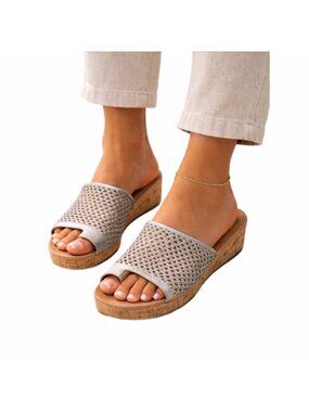 Baretraps Sandals Womens 9 Silver Mesh Cork Wedge Mule Michaela Boho Coastal